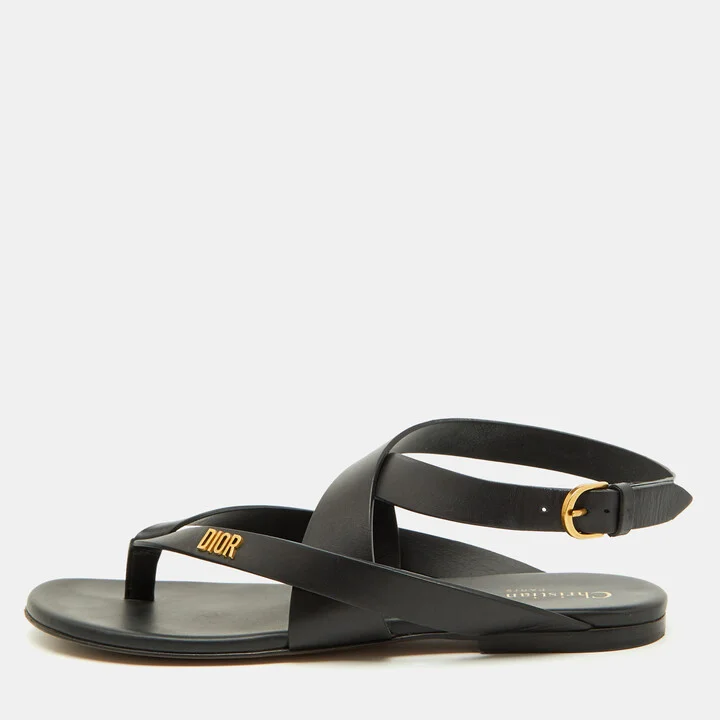 Dior Black Leather Strappy Dior Up Flat Thong Sandals Size 38