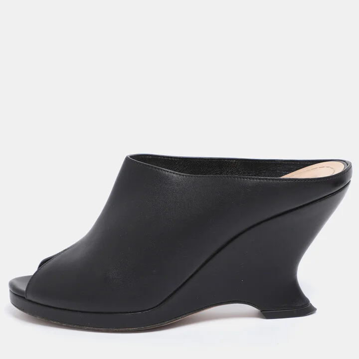 Dior Black Leather Wedge Peep Toe Mules Size 38