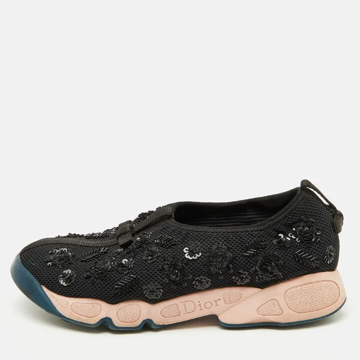 Dior Black Mesh Crystal Embellished Fusion Slip On Sneakers Size 38.5