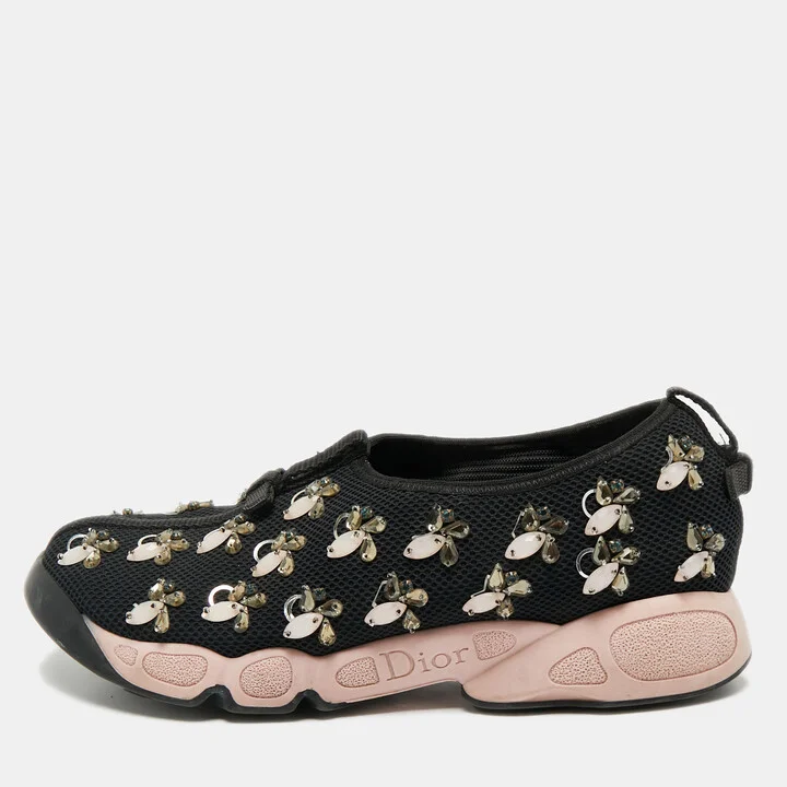 Dior Black Mesh Crystal Embellished Fusion Slip On Sneakers Size 38.5