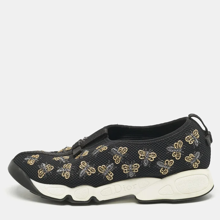 Dior Black Mesh Fusion Bee Embellished Slip On Sneakers Size 37.5