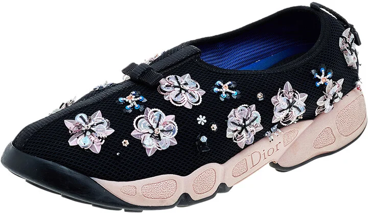 Dior Black Mesh Fusion Floral Embellished Slip On Sneakers Size 38