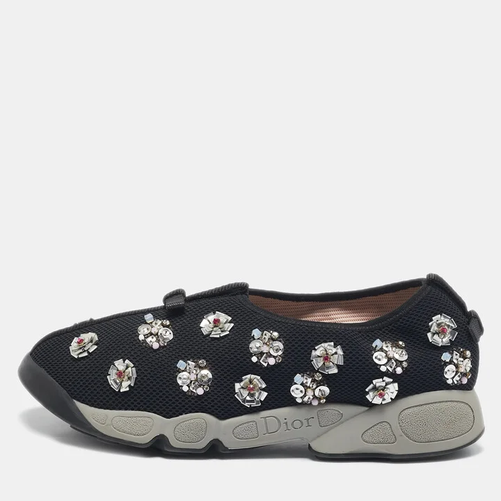 Dior Black Mesh Fusion Floral Embellished Slip On Sneakers Size 39