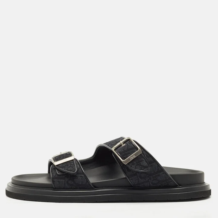 Dior Black Oblique Canvas and Leather Aqua Flat Slide Sandals Size 45