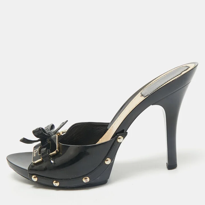 Dior Black Patent Leather Bow Slide Sandals Size 37