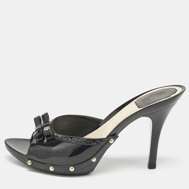 Dior Black Patent Leather Bow Slide Sandals Size 40