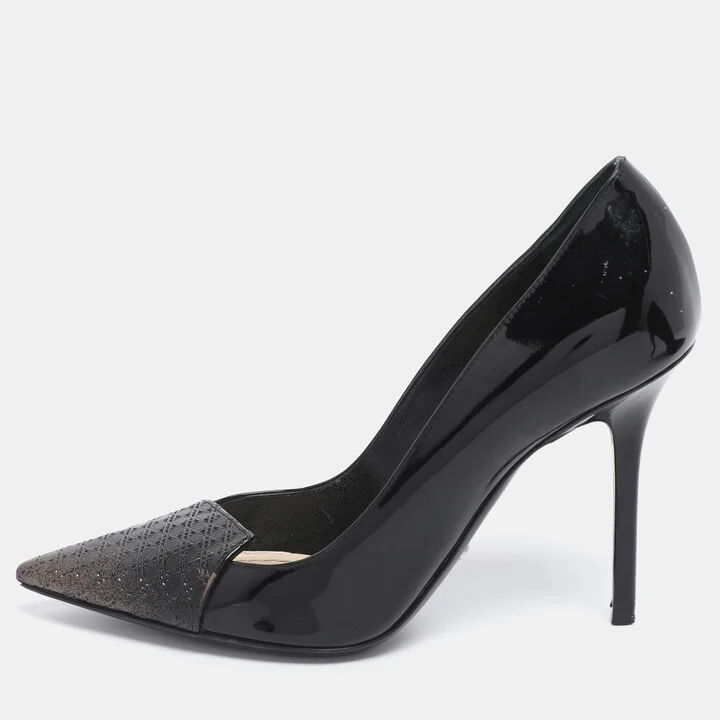 Dior Black Patent Leather Cannage Cap Pointed Toe Pumps Size 37.5