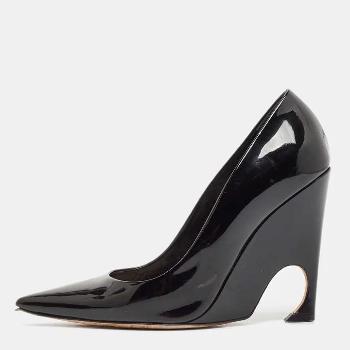 Dior Black Patent Leather Optique Wedge Pumps Size 38