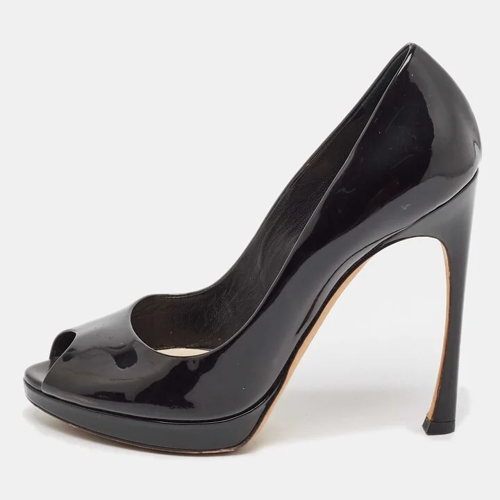Dior Black Patent Leather Peep Toe Platform Pumps Size 38.5