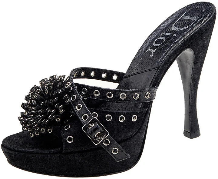 Dior Black Perforated Suede And Python Embellished Platform Slide Sandals Size 37