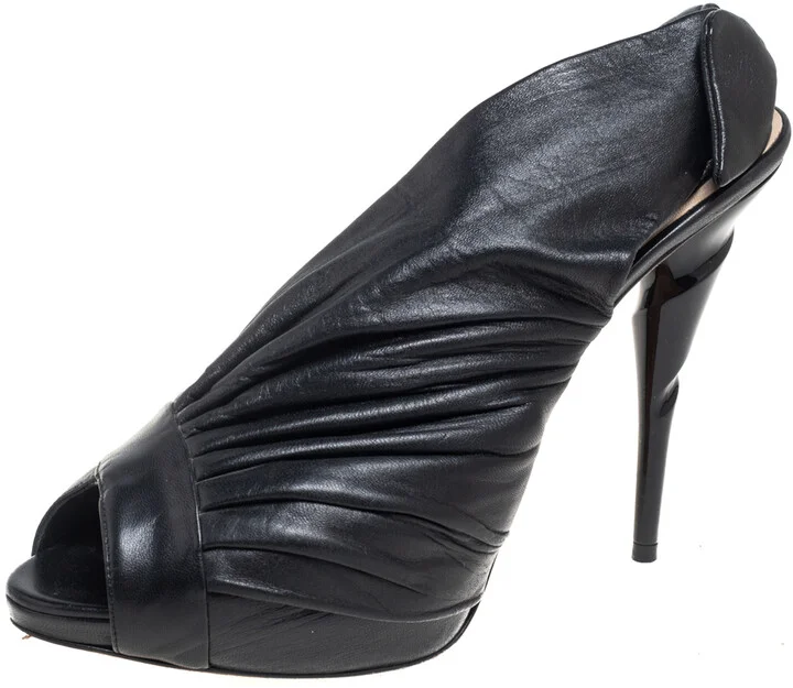 Dior Black Pleated Leather Peep-Toe D'orsay Bow Slingback Sandals Size 40.5