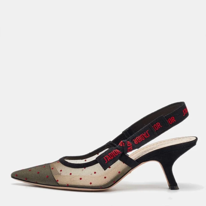 Dior Black Polka Dots Mesh and Suede J'adior Pointed Toe Slingback Sandals Size 39