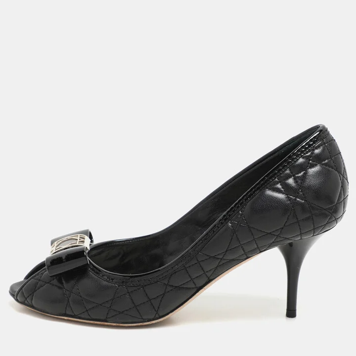 Dior Black Quilted Cannage Leather Bow Detail Peep Tow Pumps Size 36