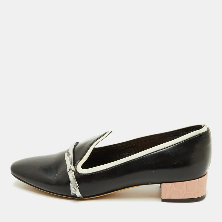 Dior Black/Silver Leather Bow Detail Slip On Loafers Size 35.5