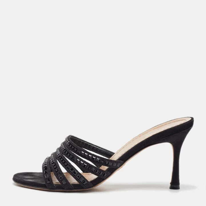 Dior Black Suede Crystal Embellished Slide Sandals Size 37