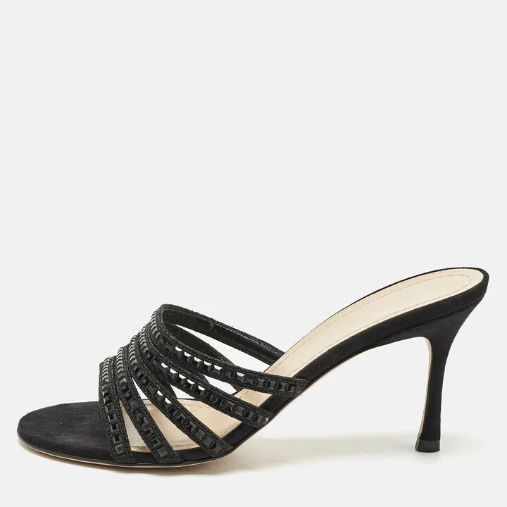 Dior Black Suede Crystal Embellished Slide Sandals Size 38