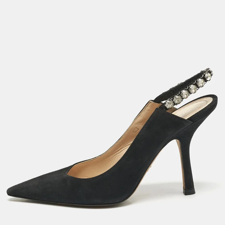 Dior Black Suede Pointed Toe Crystal Embellished Slingback Pumps Size 38