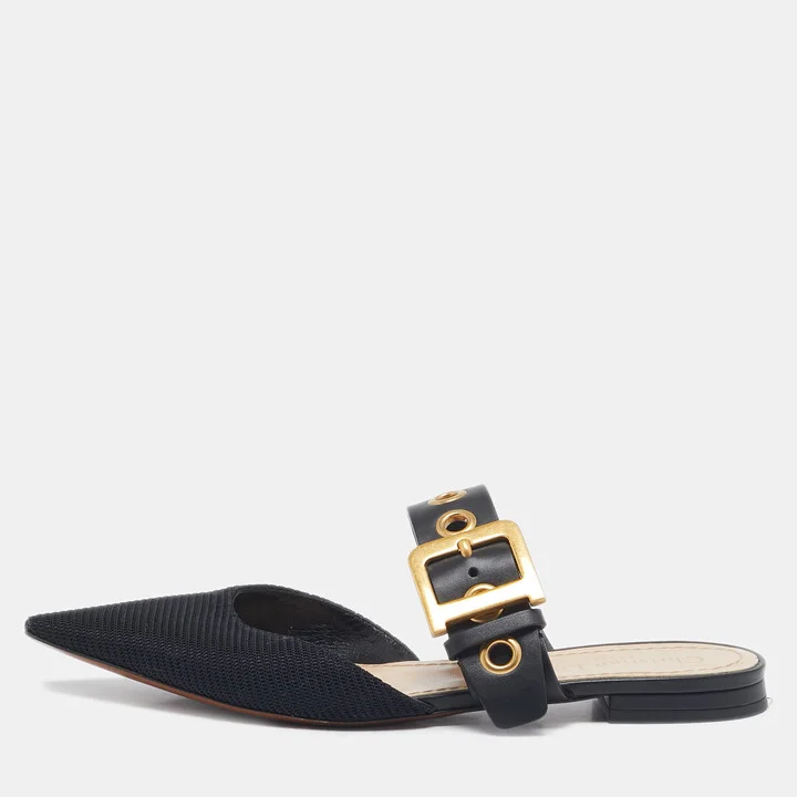 Dior Black Technical Fabric and Leather D-Dior Flat Mules Size 37.5