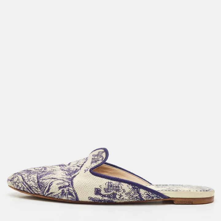 Dior Blue/Beige Embroidered Canvas Toile De Jouy Flat Mules Size 39.5