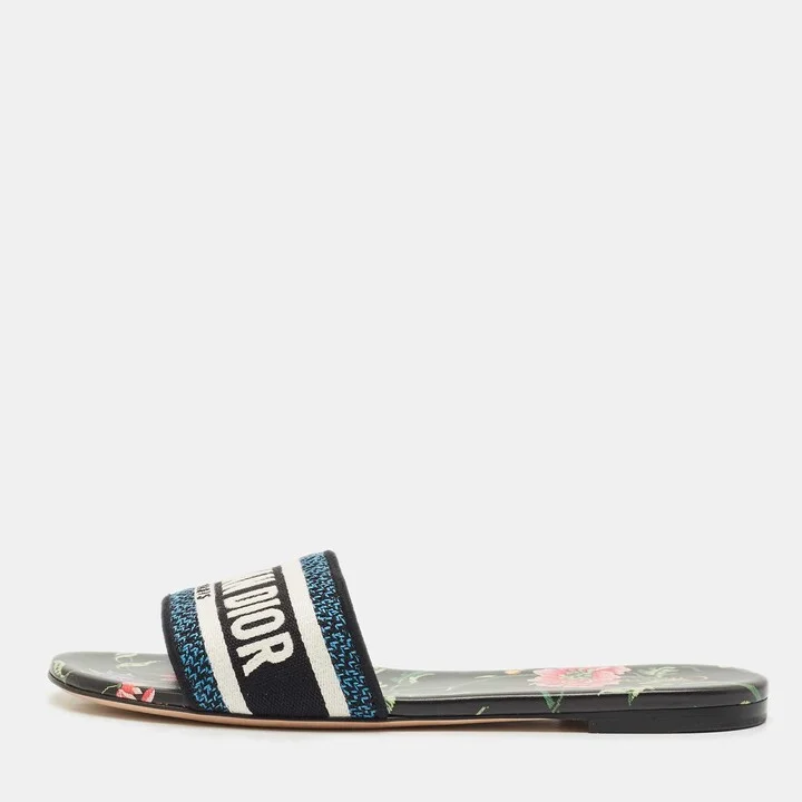 Dior Blue/Black Canvas Petites Fleurs Dway Flat Slides Size 39.5