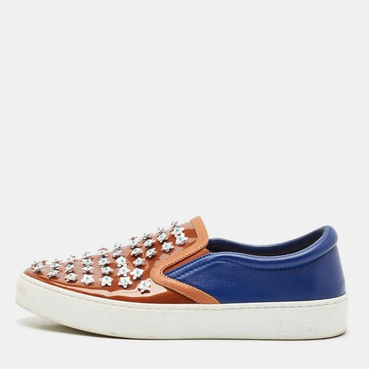 Dior Blue/Brown Leather And PVC Floral Embellished Slip On Sneaker Size 38