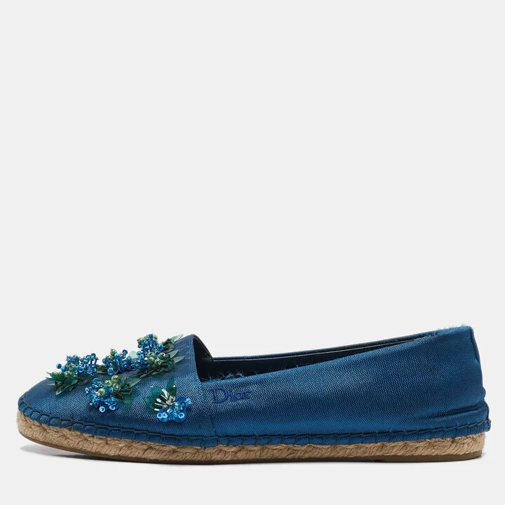 Dior Blue Canvas Flower Embellished Espadrille Flats Size 38