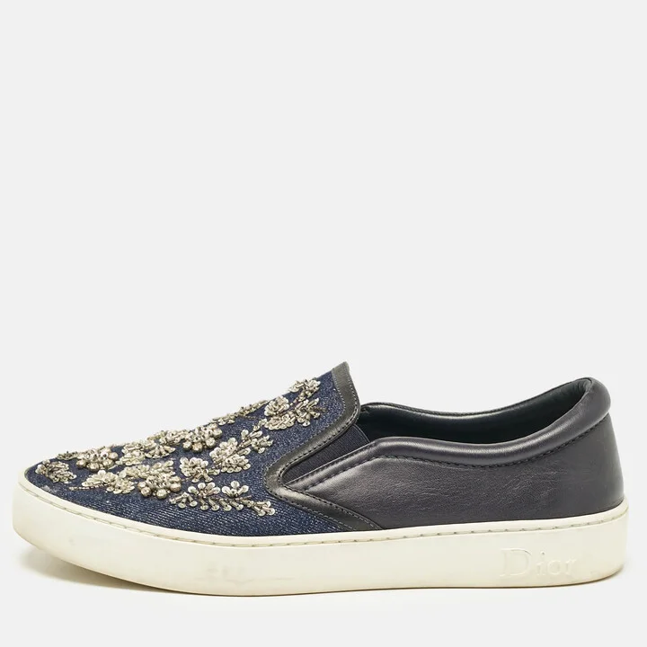 Dior Blue Denim and Leather Embellished Slip On Sneakers Size 39.5