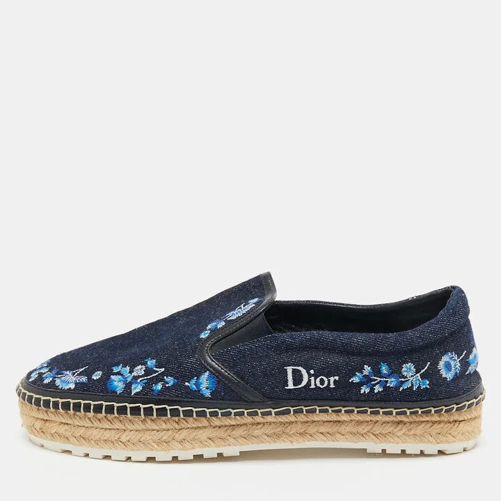 Dior Blue Denim Floral Embroidered Denim Prairie Espadrille Flats Size 39.5