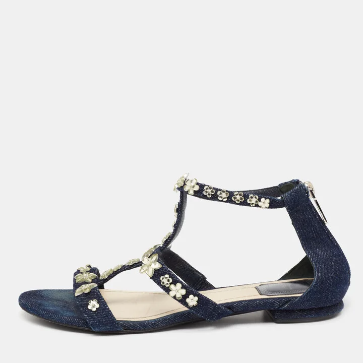 Dior Blue Denim Jewel Embellished Strappy Flat Sandals Size 38.5