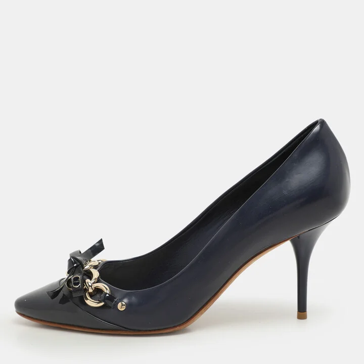 Dior Blue Patent and Leather Bow Chain Detail Pumps Size 37