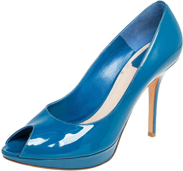 Dior Blue Patent Leather Miss Dior Peep Toe Platform Pumps Size 41