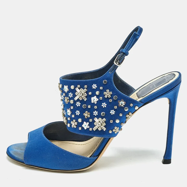 Dior Blue Satin Embellished Slingback Sandals Size 41