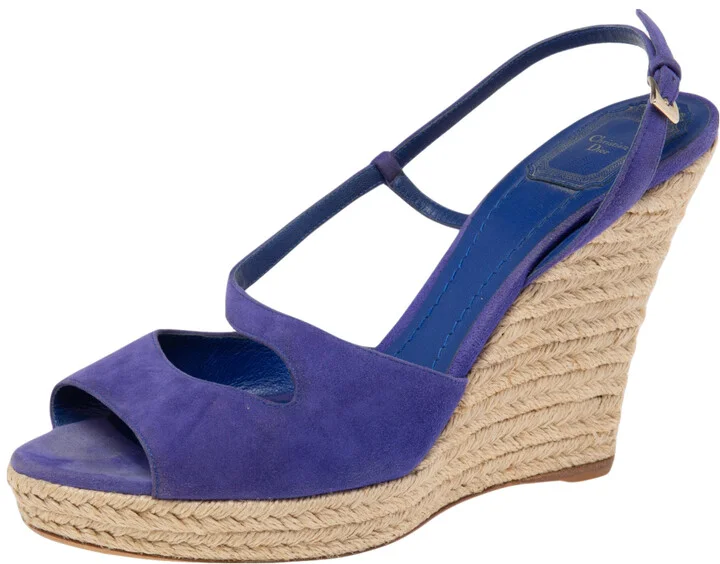 Dior Blue Suede Espadrille Platform Wedge Open Toe Ankle Strap Sandals Size 41