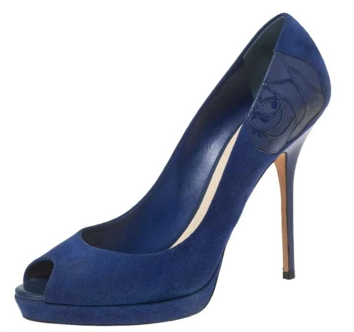 Dior Blue Suede Peep Toe Platform Pumps Size 40.5
