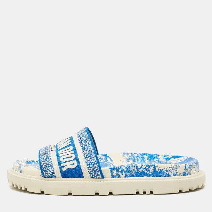 Dior Blue/White Toile De Jouy Embroidered Canvas Dway Flat Slides Size 36.5