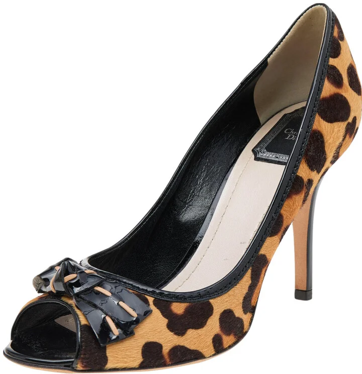 Dior Brown/Black Leopard Print Calf Hair And Patent Leather Bow Open Toe Pumps Size 40