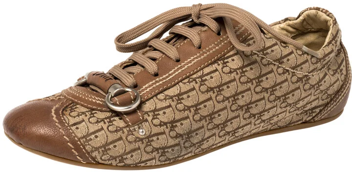 Dior Brown Leather and Diorissimo Canvas Low Top Sneakers Size 37