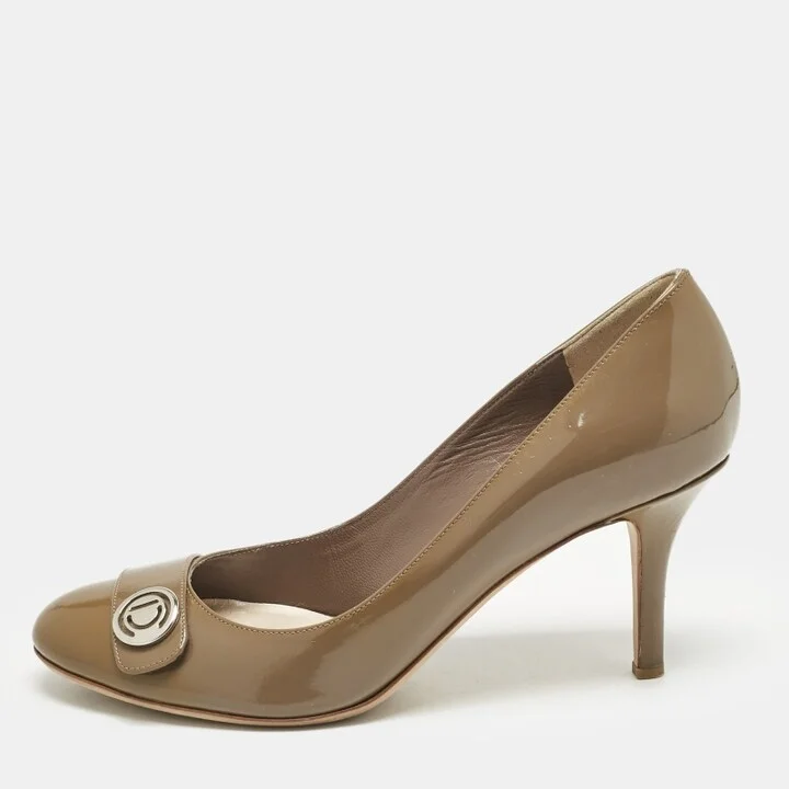 Dior Brown Patent Leather Logo Round Toe Pumps Size 36.5