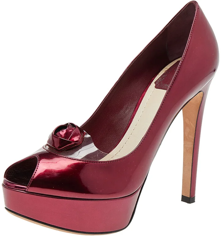 Dior Burgundy Patent Leather Flower Platform Pumps Size 37.5