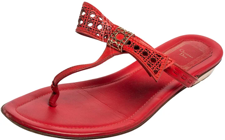 Dior Coral Red Leather Cannage Bow Thong Flats Size 37
