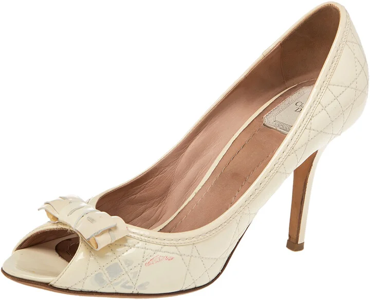 Dior Cream Cannage Patent Leather Bow Peep Toe Pumps Size 40