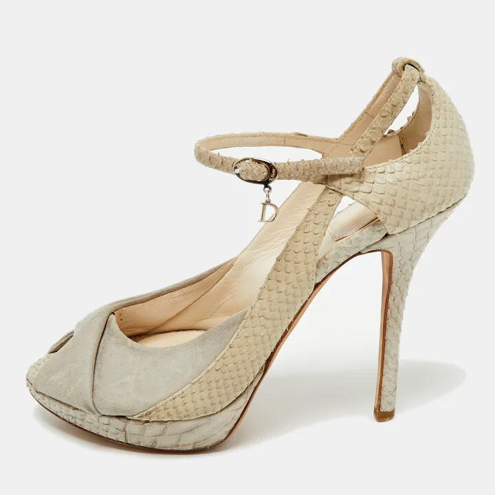 Dior Cream/Grey Suede and Python Leather Miss Dior Peep Toe Pumps Size 36