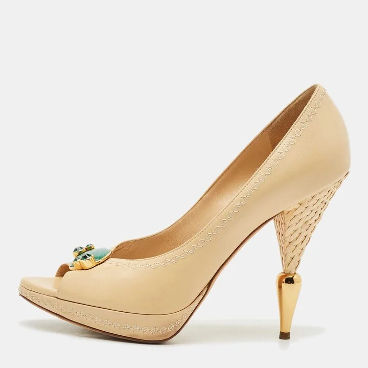Dior Cream Leather and Raffia Embellished Peep Toe Pumps Size 40.5