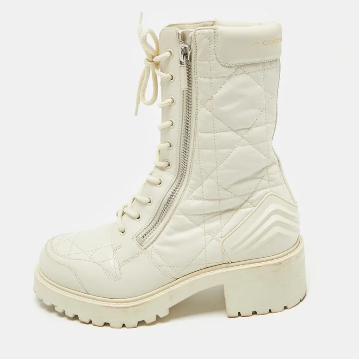 Dior Cream Leather Quilted Cannage D-unit Ankle Length Boots Size 41