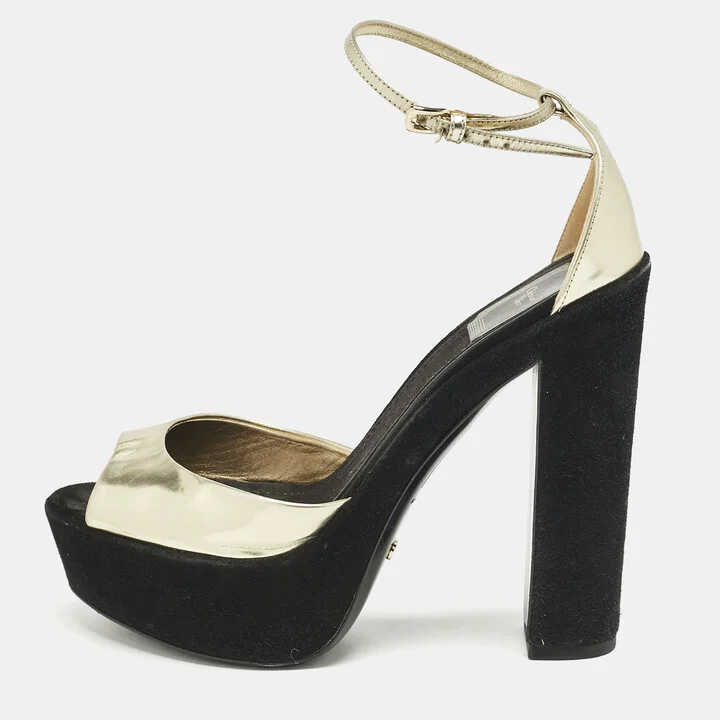 Dior Gold Leather and Suede Block Heel Ankle Strap Sandals Size 37.5