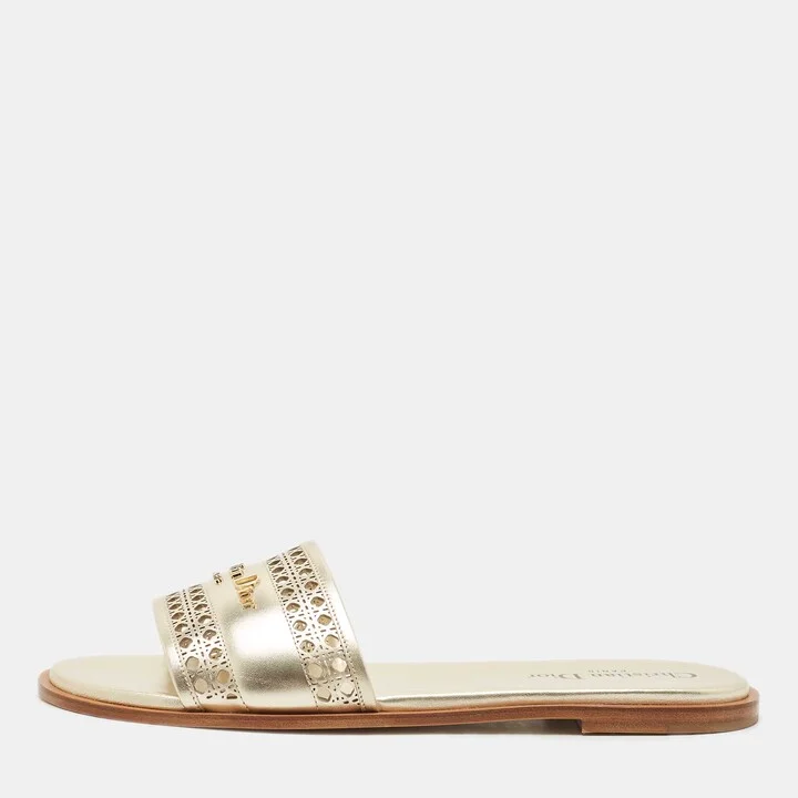 Dior Gold Micro Cannage Leather D-Lane Flat Slide Sandals Size 39