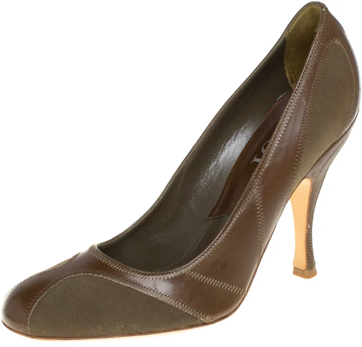 Dior Green Mesh And Leather Stitch Detail Pumps Size 38.5