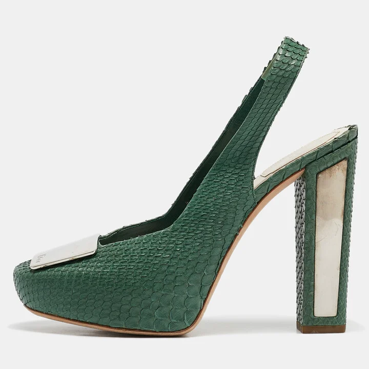 Dior Green Python Embellished Platform Slingback Pumps Size 39
