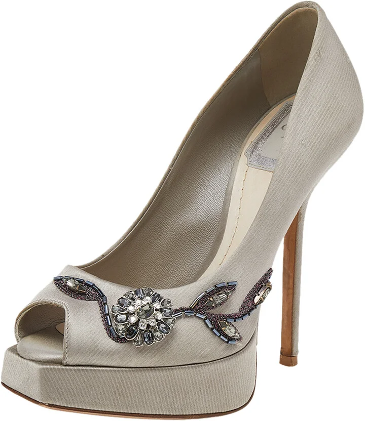 Dior Grey Embellished Satin Peep Toe Platform Pumps Size 35