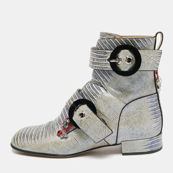 Dior Grey Lizard Embossed Leather Gatsby Jewel Combat Boots Size 36